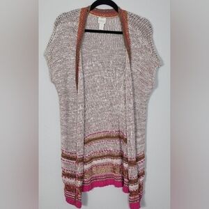 Chicos Open Knit Crochet Longline Cardigan Duster Size 2/Medium Large Metallic